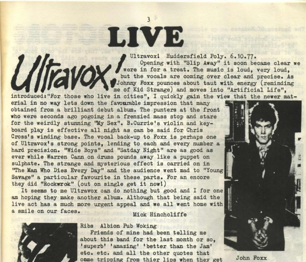 Ultravox live review. Summer Salt fanzine #2, 1977