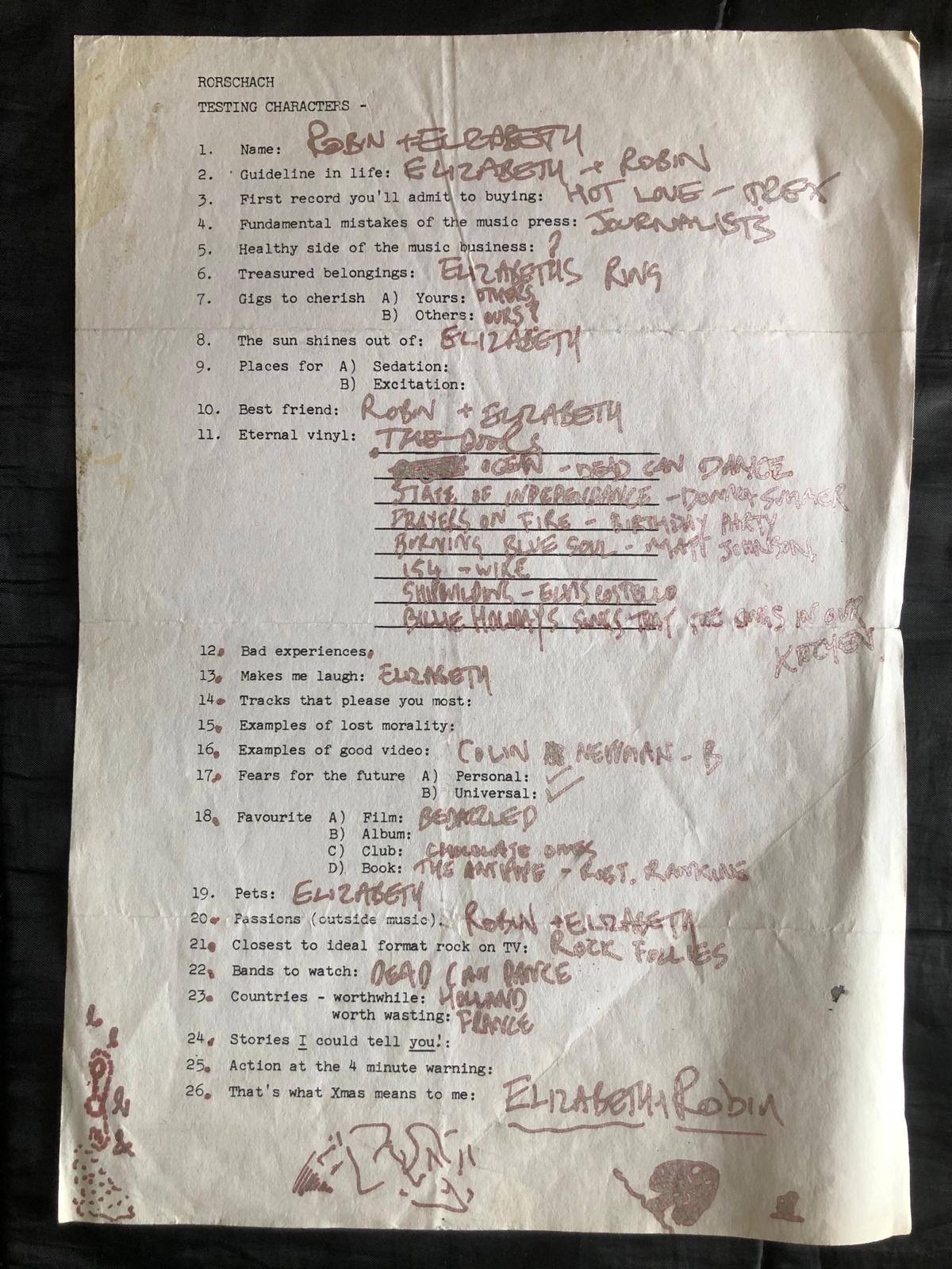 Cocteau Twins (Rorschach Testing questionnaire, late 1983) - 41 Rooms - show 143